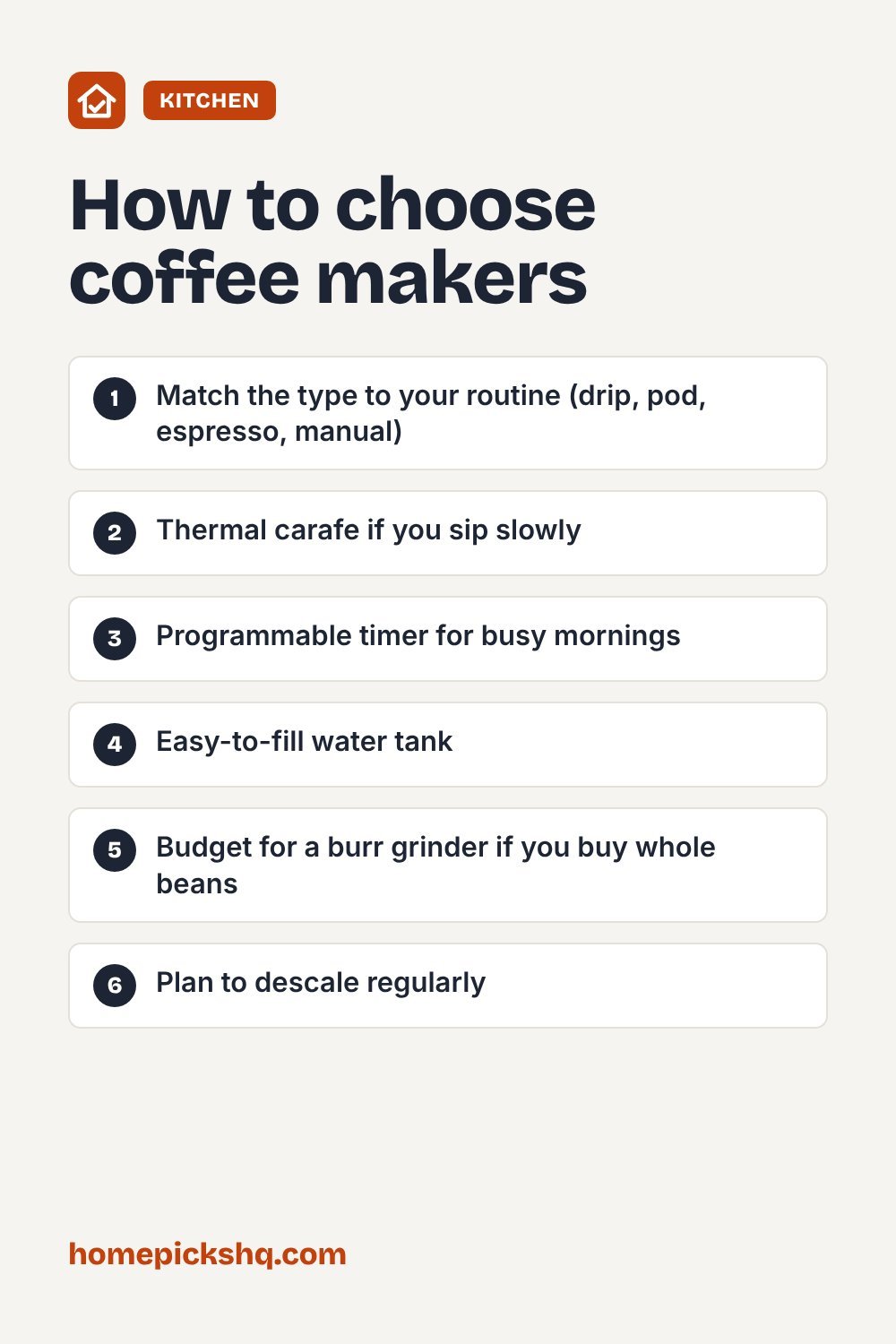 How to choose checklist: Match the type to your routine (drip, pod, espresso, manual); Thermal carafe if you sip slowly; Programmable timer for busy mornings; Easy-to-fill water tank; Budget for a burr grinder if you buy whole beans; Plan to descale regularly