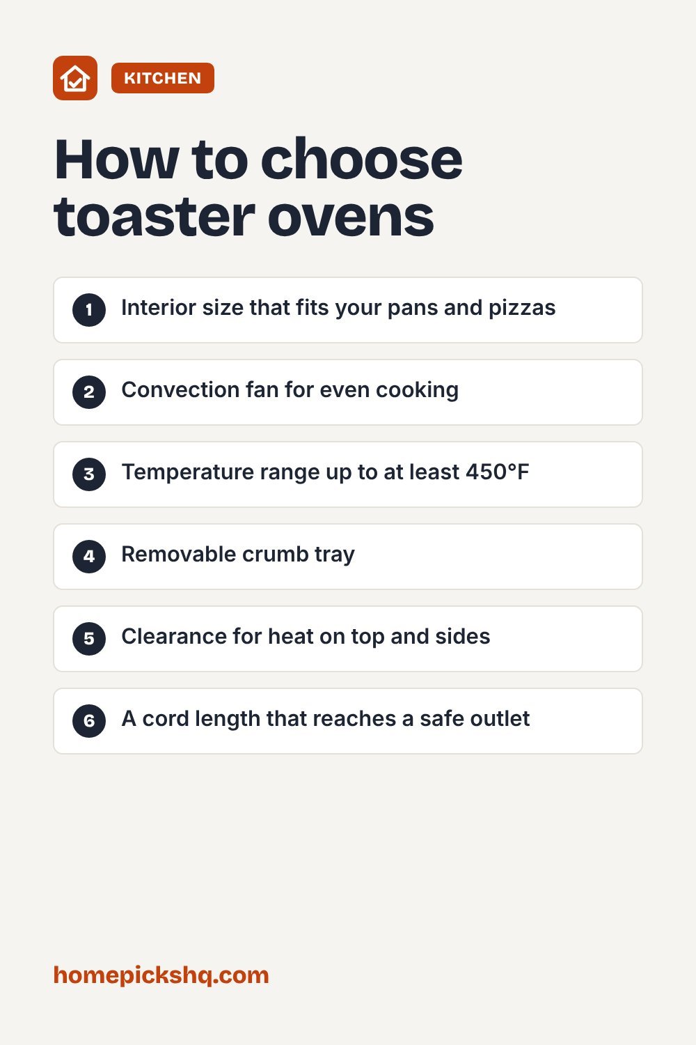How to choose checklist: Interior size that fits your pans and pizzas; Convection fan for even cooking; Temperature range up to at least 450°F; Removable crumb tray; Clearance for heat on top and sides; A cord length that reaches a safe outlet