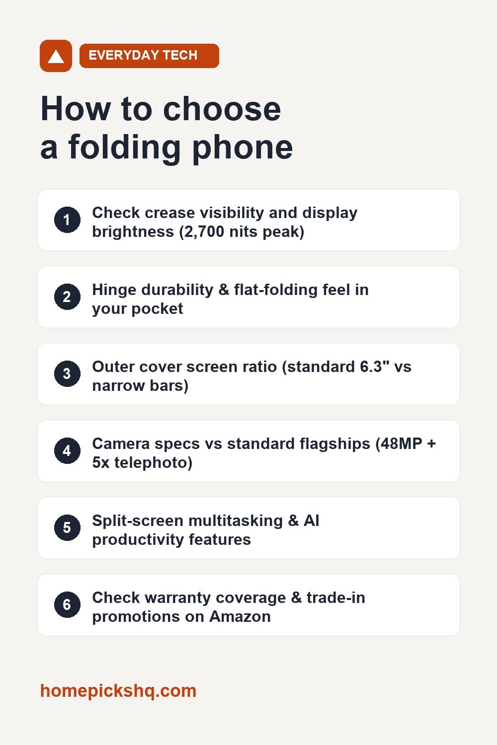 Folding phone buying checklist: screen brightness, hinge durability, cover screen ratio, camera setup, split-screen multitasking, and warranty.